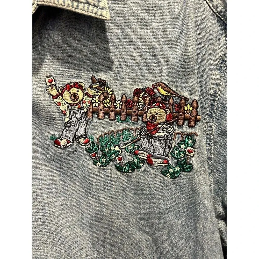 Bobbie Brooks Denim Shirt‎ Women Size Large Button Up Embroidered Bear Garden Blue - Image 2