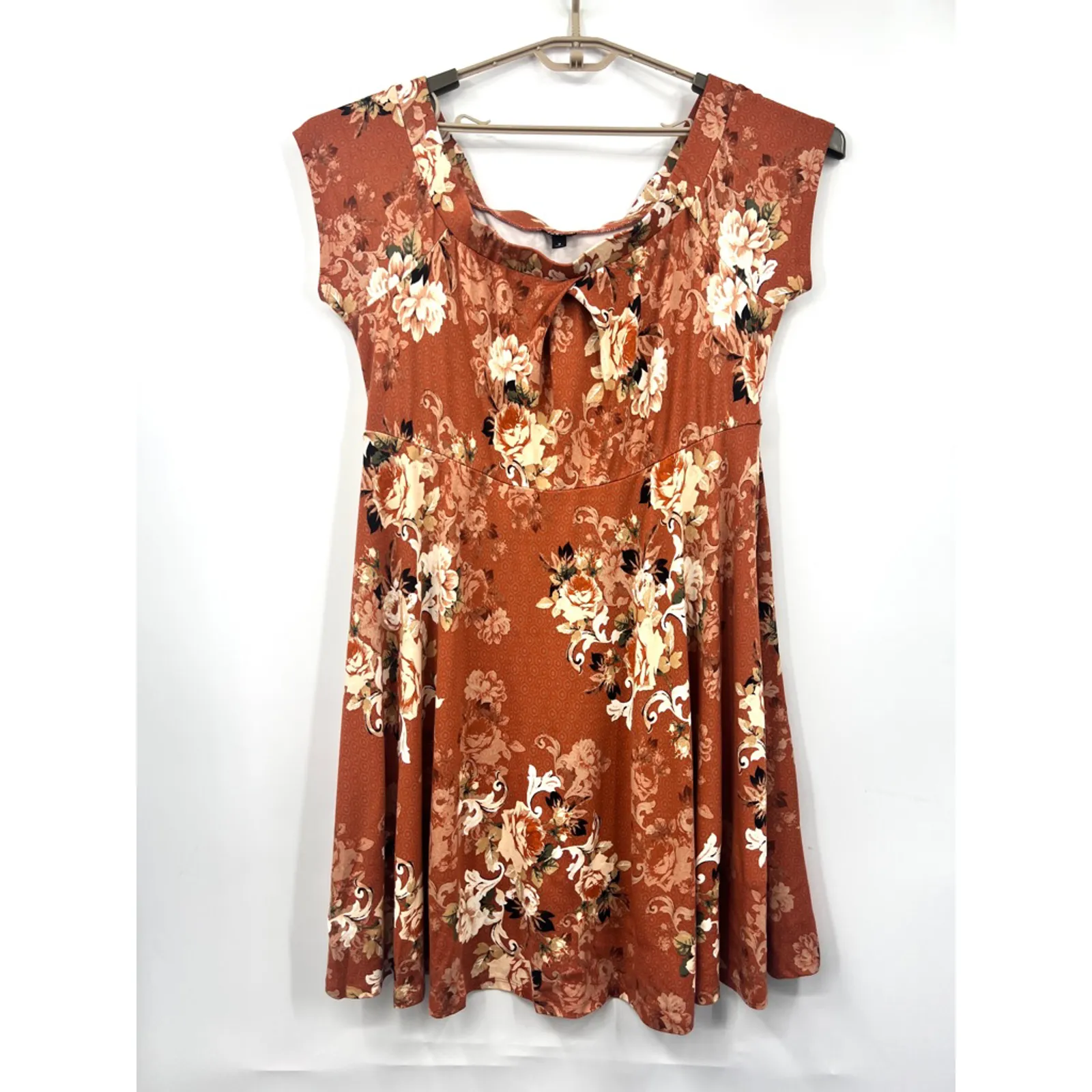 Torrid Off‎ The Shoulder Skater Dress Luxe Ponte Rusty Brown Floral 2X - Image 2