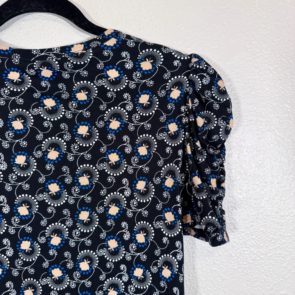 Ann Taylor Black Floral Ruched Sleeve Blouse Womens S Preppy Fall Classic Puff - Image 2