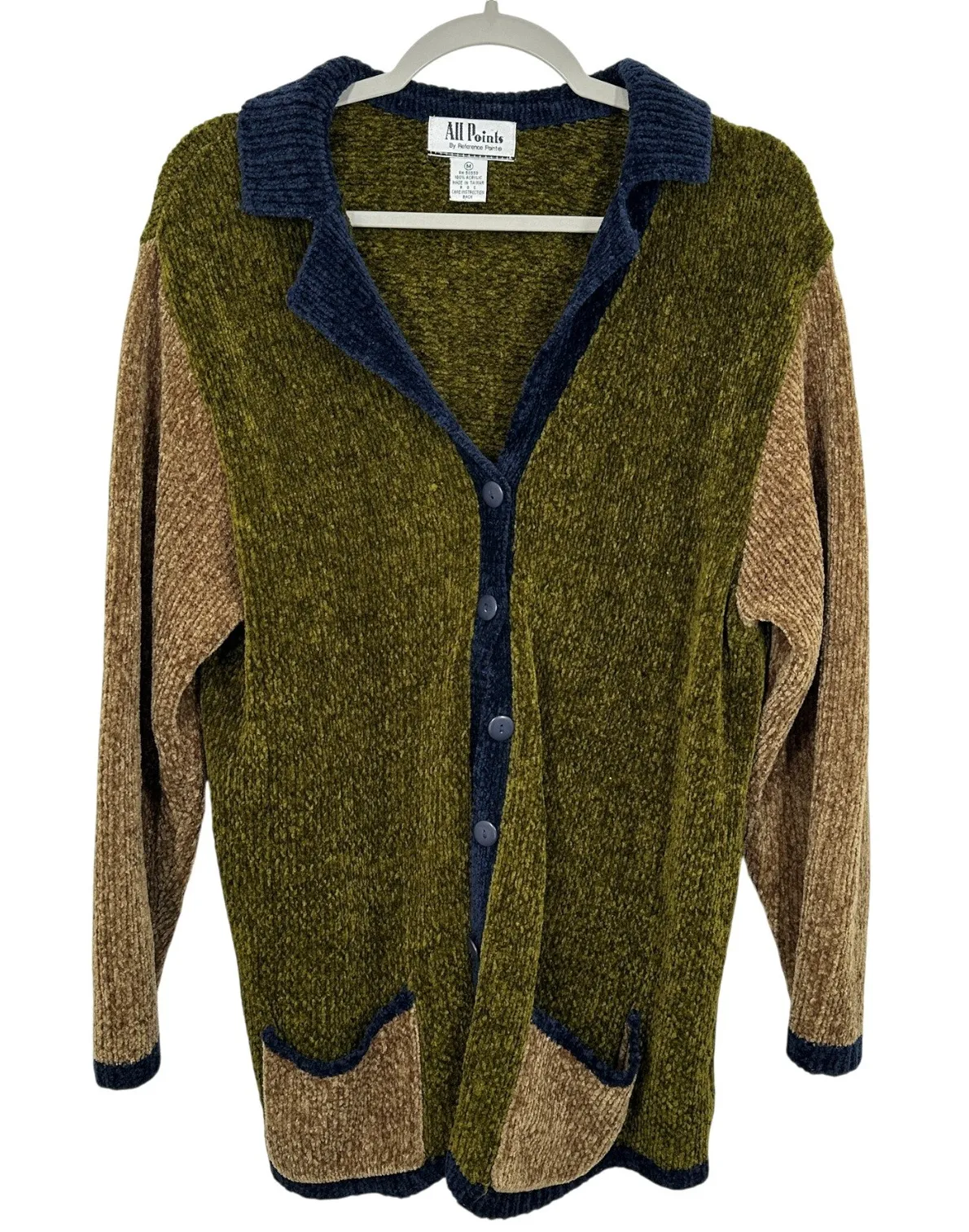 All Points Colorblock Chenille Cardigan Sweater Navy Blue Olive Brown Eclectic Green Size M - Image 1