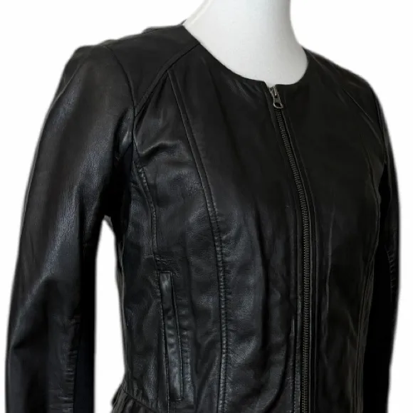 Halogen Black Genuine Leather Jacket Collarless Zip Front Women’s Size Small - Image 8