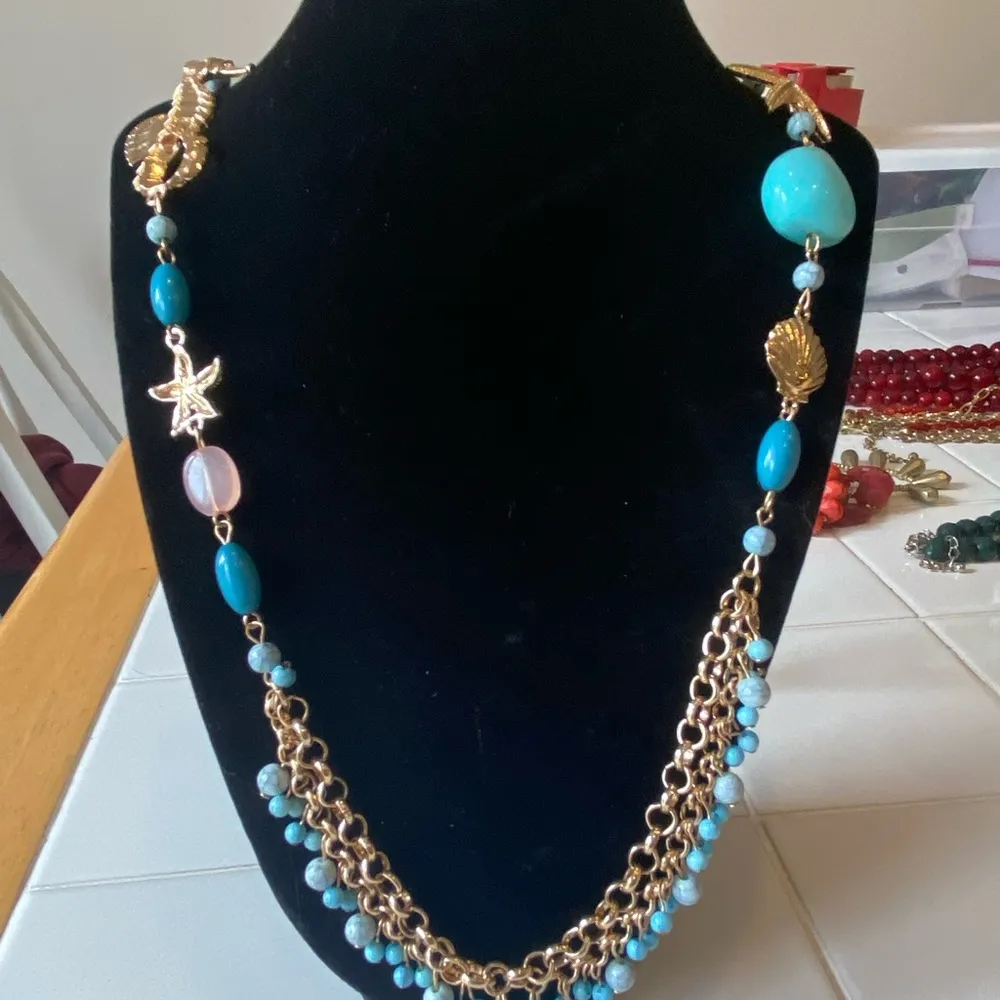 Gold toned necklace with teal beads and starfish, shell and seahorse cha… Blue - Image 2