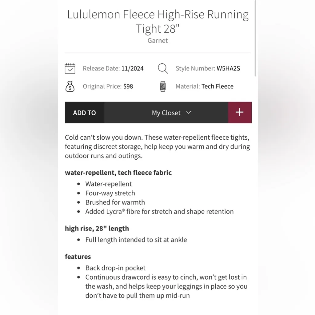 Lululemon NWT Fleece High Rise Running Tights 28” Leggings Garnet Size 10 - Image 6