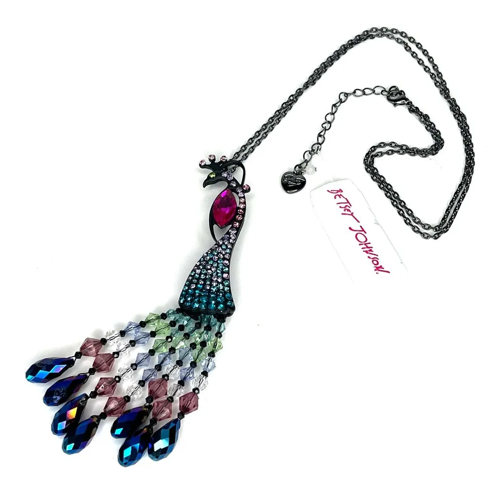 NEW Betsey Johnson PEACOCK BIRD NECKLACE Statement Stone Bejeweled Tassels - Image 5
