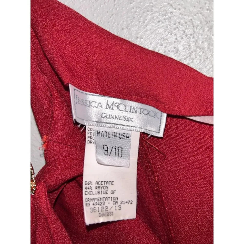 VTG Jessica McClintock Gunne Sax Maxi Dress 9/10 Red Rhinestone Straps 90s Y2K - Image 6