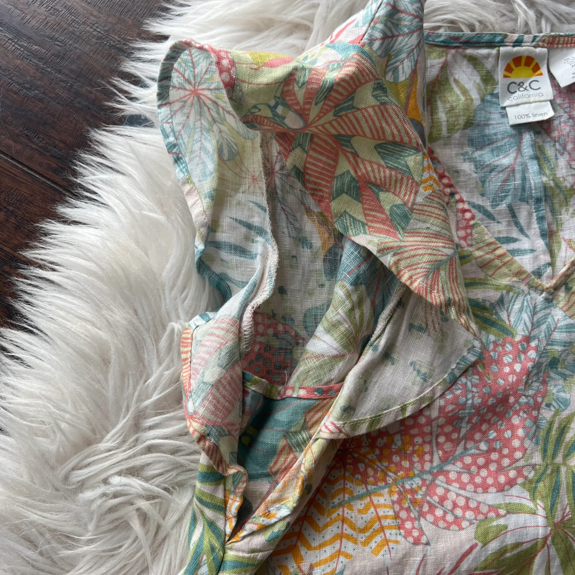 Linen Tropical Multicolor Ruffled Dress - Image 3