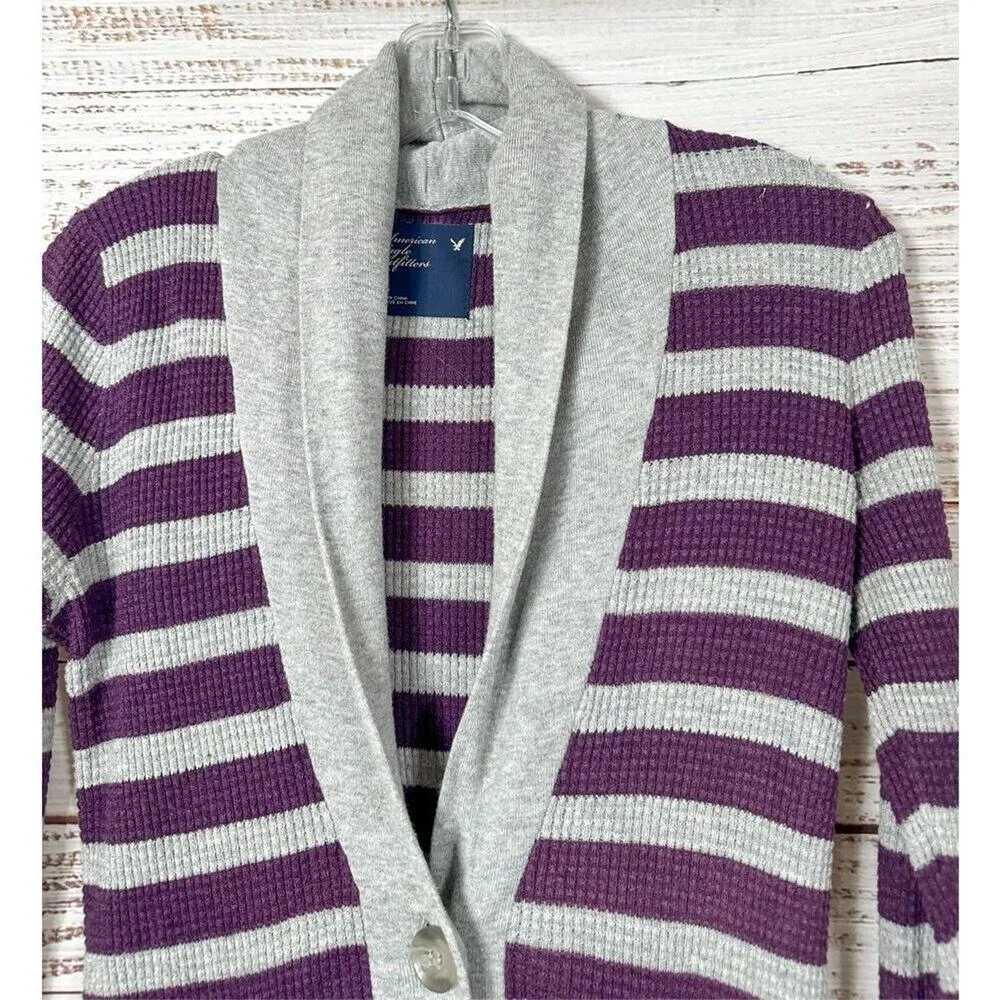 American Eagle Outfitters Women's Striped Cardigan Sweater Gray Purple Small - Image 2