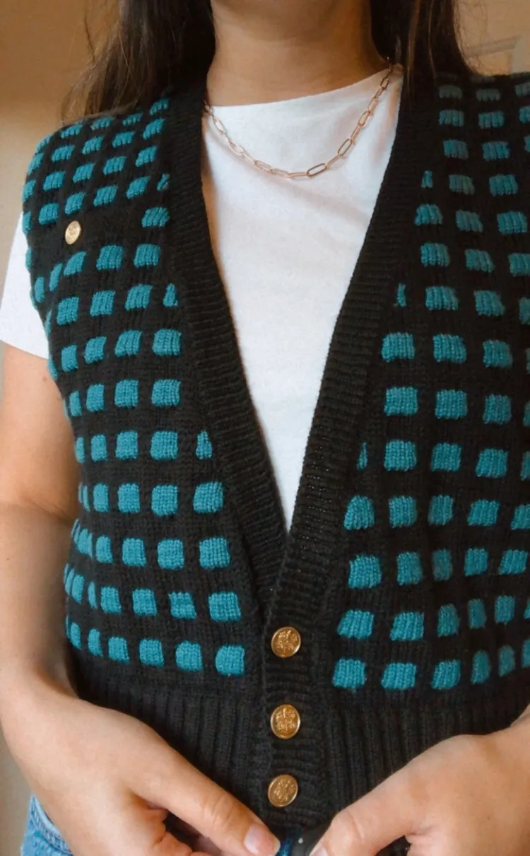 VINTAGE SWEATER VEST CHECKERED BUTTON Blue Size L - Image 6