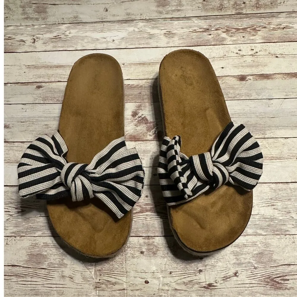 Qupid Black White Striped Slip On Sandals Slides Size US 9.5 EU 40 Slide Bow - Image 2