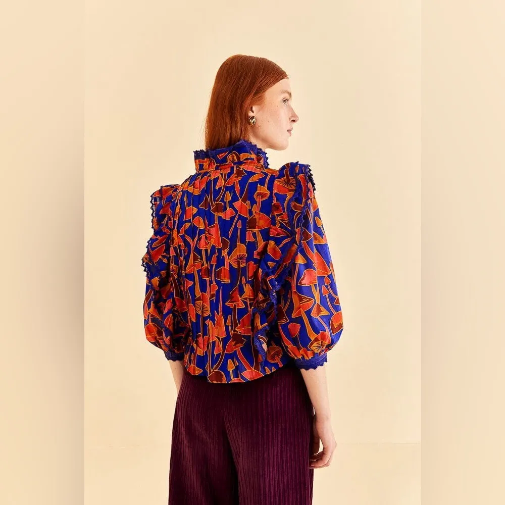 Farm Rio NWT Bright blue mushroom sketch blouse buttons women’s size XL - Image 13