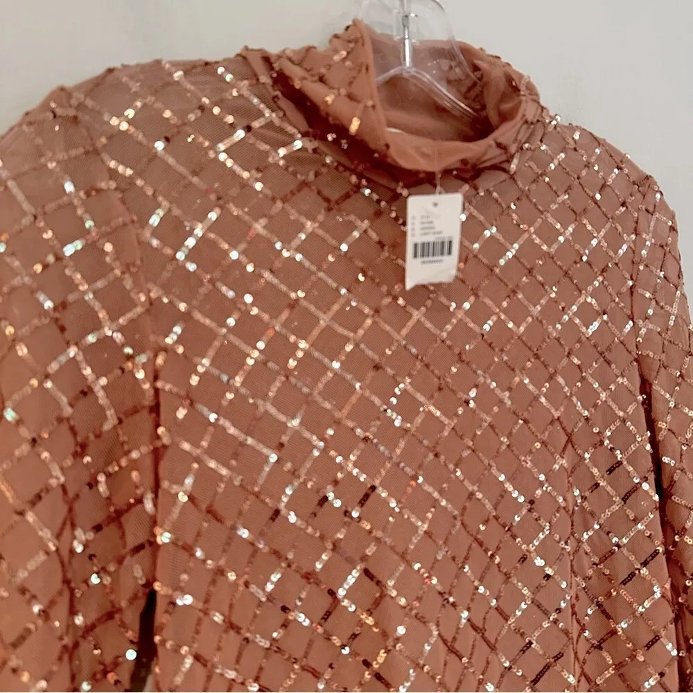 Pilcro Anthropologie Turtleneck Sequin Top‎ Blouse Women's XS Light Sand Sheer - Image 6