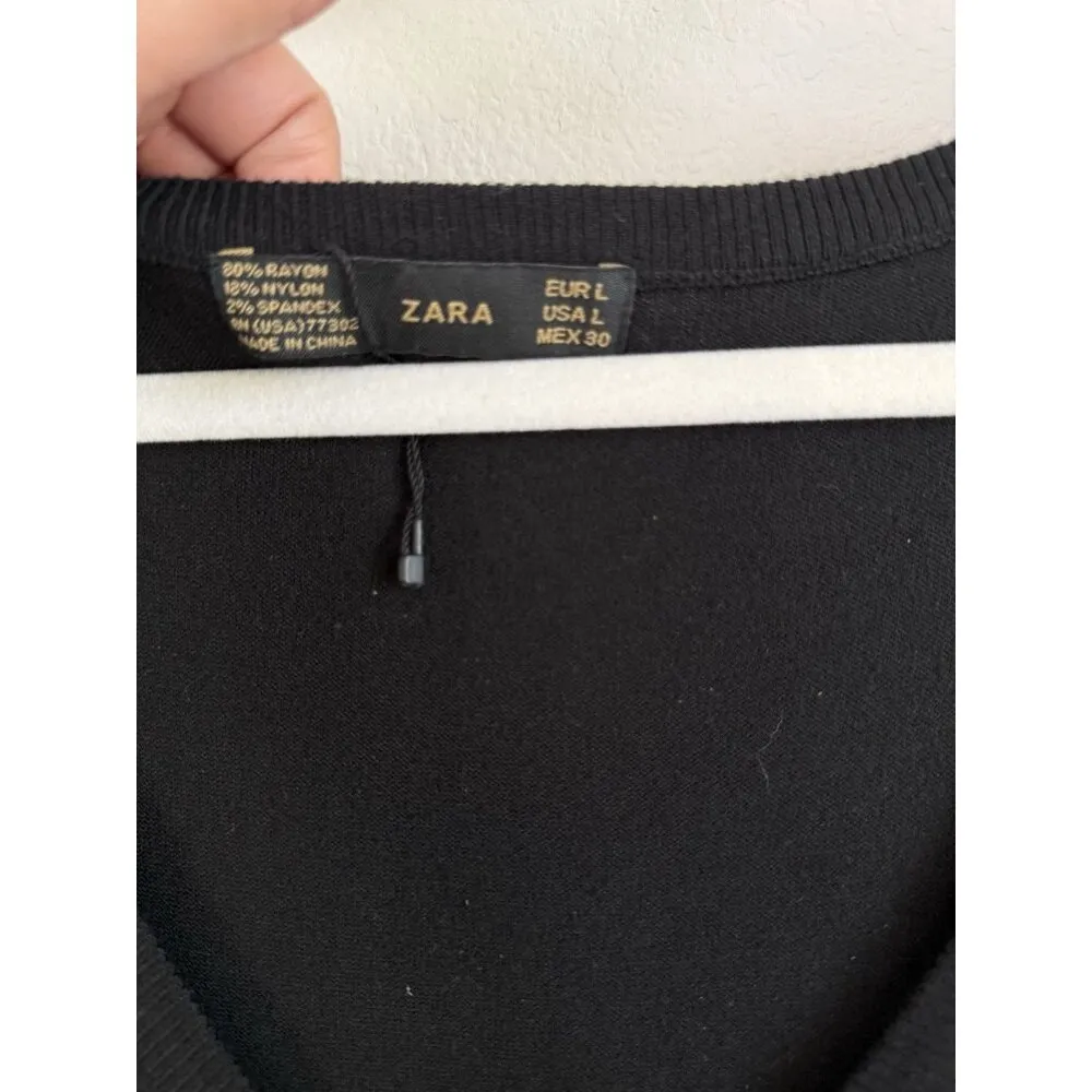 ZARA Women’s Black Light Knit Midi Flare Dress Plunging‎ U-Neck Size Large - Image 5