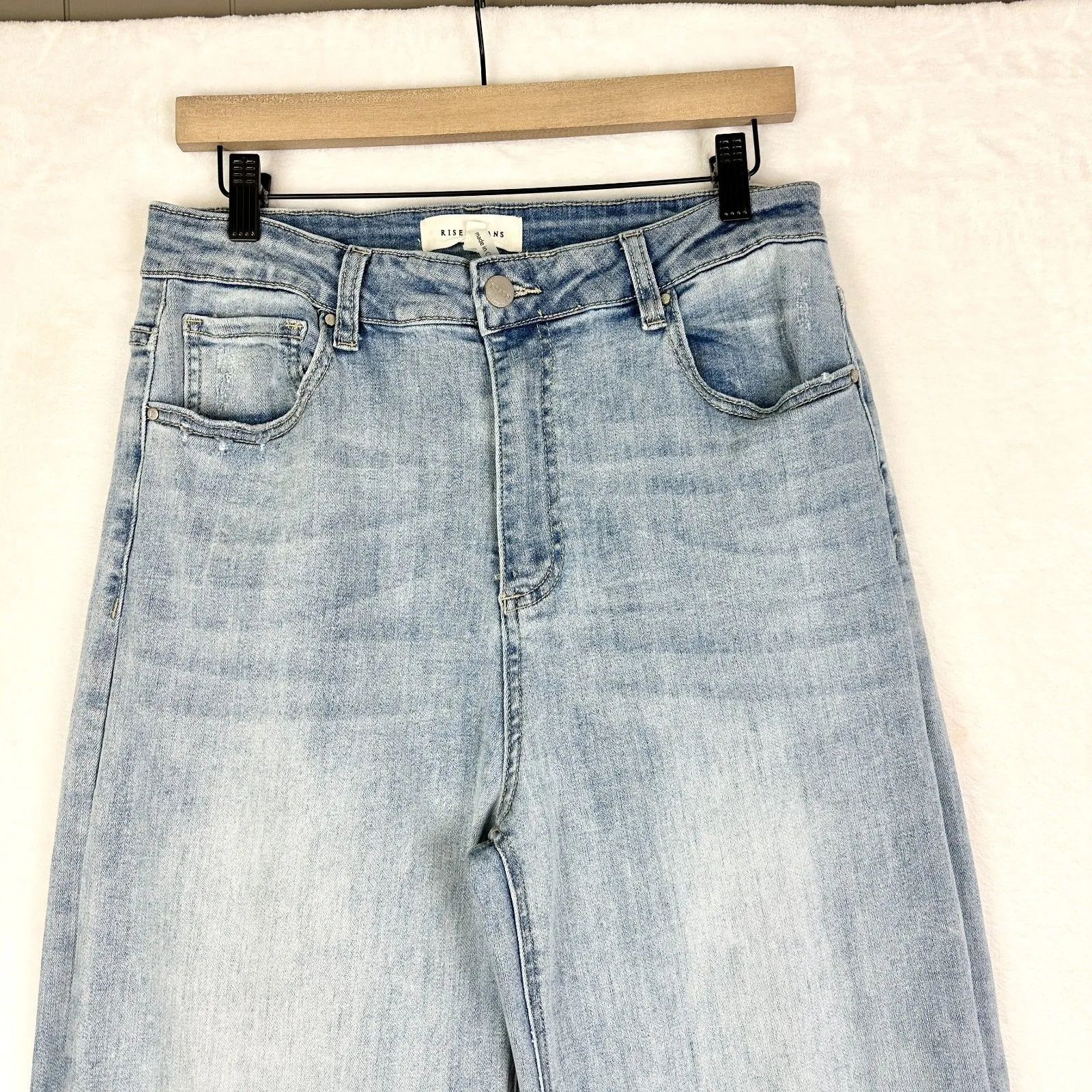Risen High Waisted Frayed Ankle Wide Leg Jeans Size 13/31 Light Wash Stretch Blue - Image 5