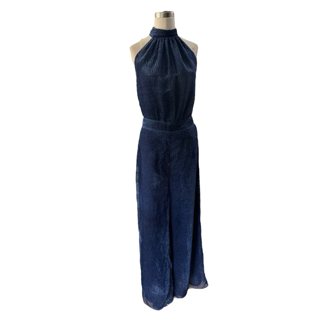 Elevenses Anthropologie Blue Velvet Polka Dot Halter Neck Jumpsuit Womens Size 2 - Image 4