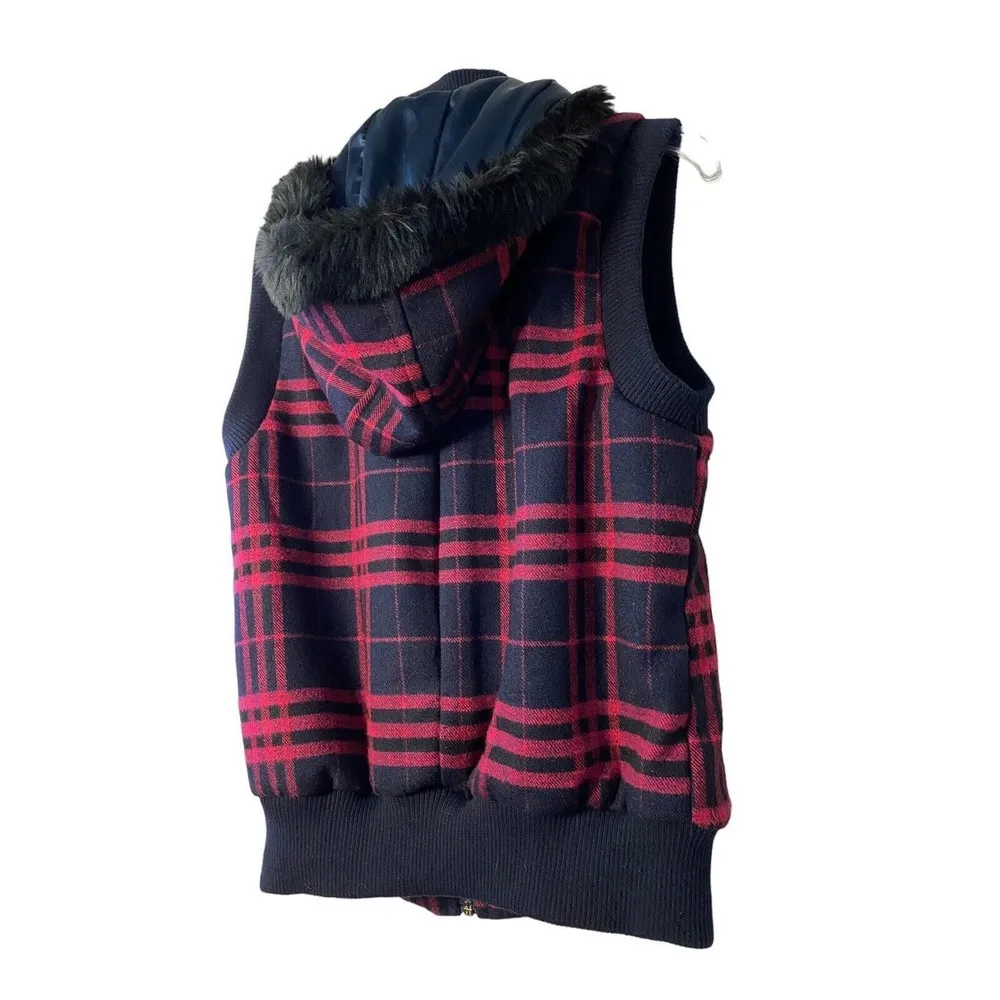 NIKIBIKI plaid‎ zip up hooded black & red vest Sz L - Image 9