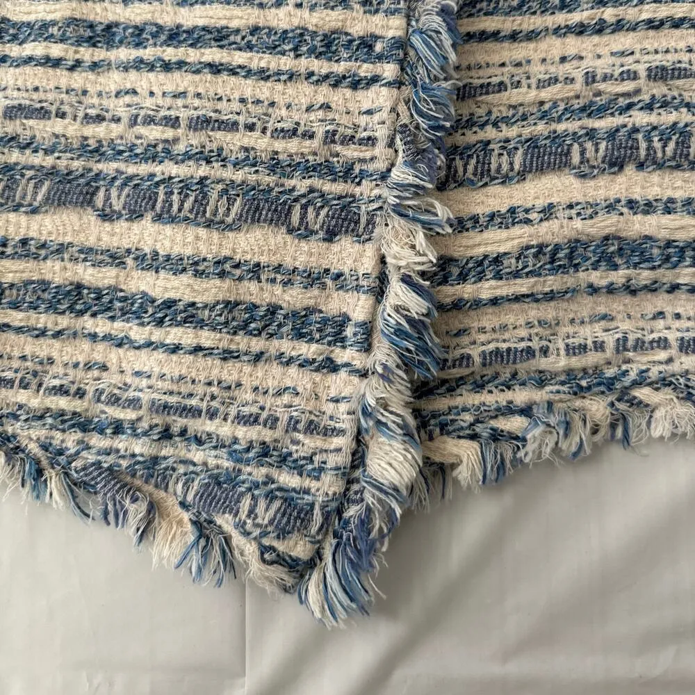 Lucky Brand tweed striped blue & cream open front fringed jacket size medium - Image 3