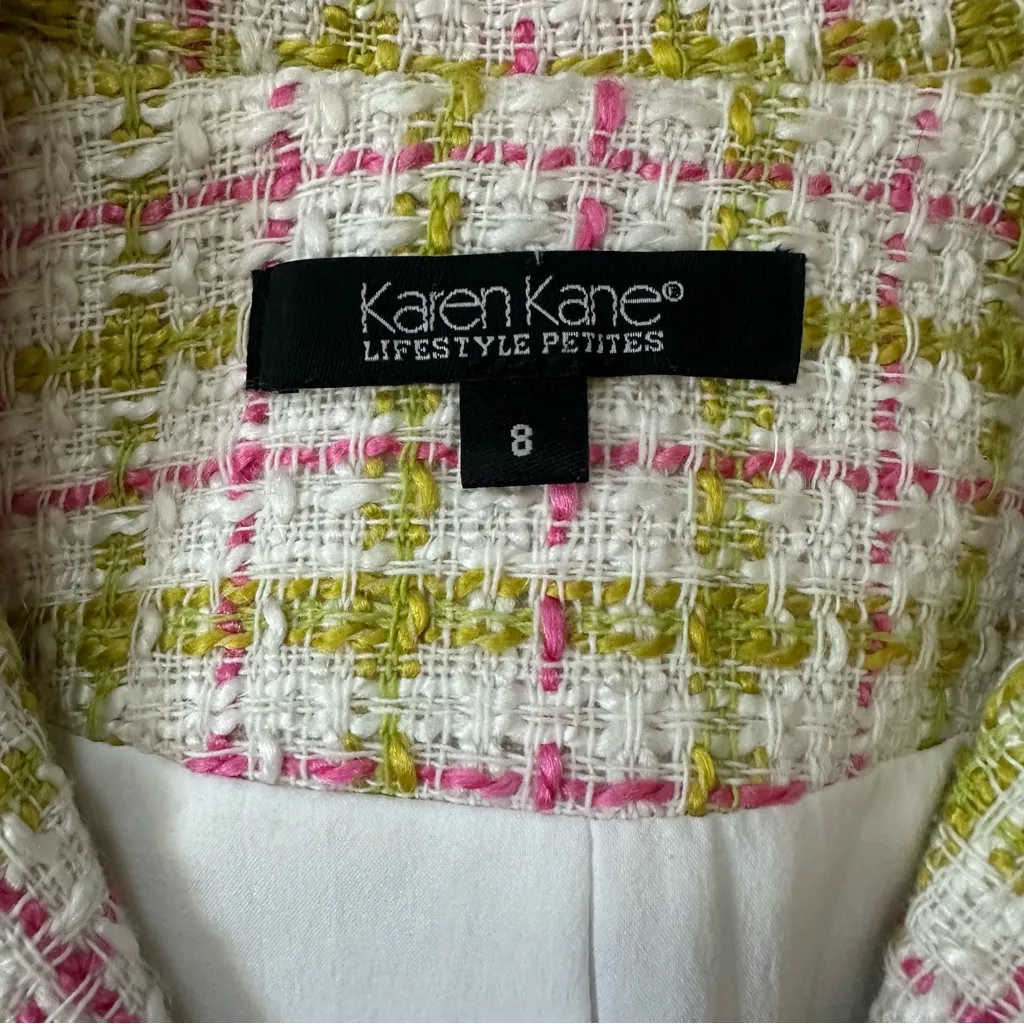 Karen Kane Lifestyle Petites Tweed Pink & Green Tweed Jewel Button Blazer Size 8 - Image 8