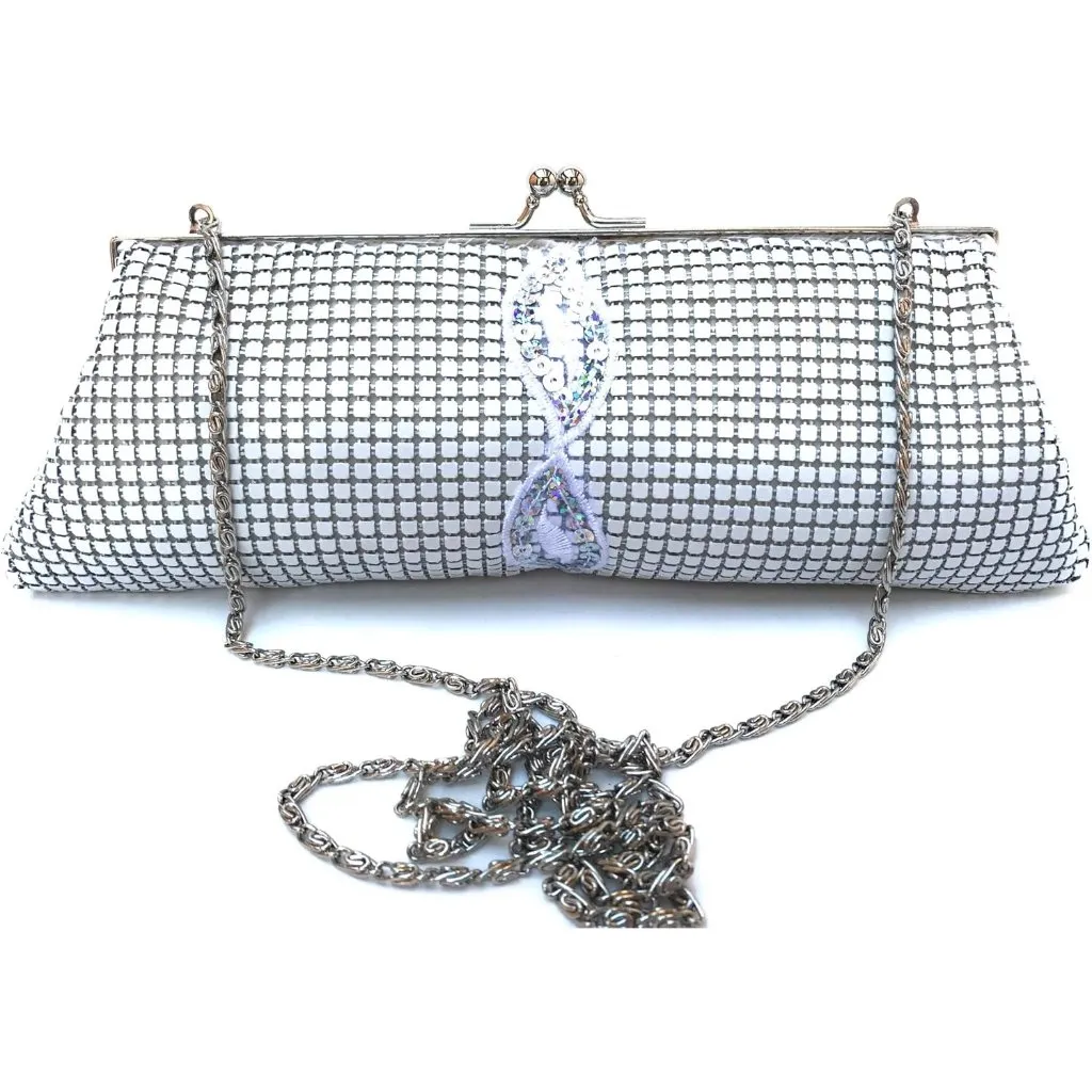 ⚡ Women's White Chain Strap Metal Kiss Lock Floral Pattern Evening Clutch Bag Silver - Image 2