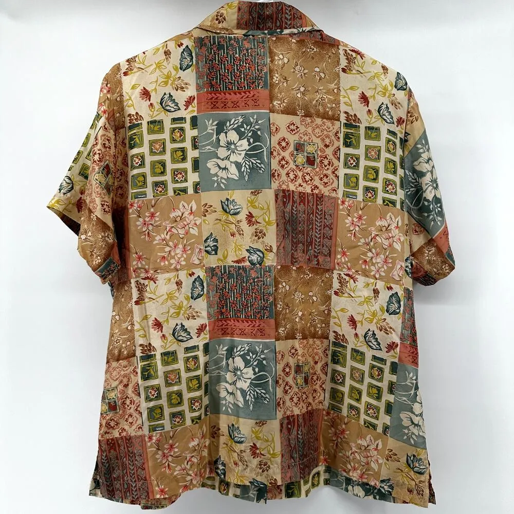 VTG Stunt Patchwork Silk Button Down Shirt Floral Brown Green Large - Image 4