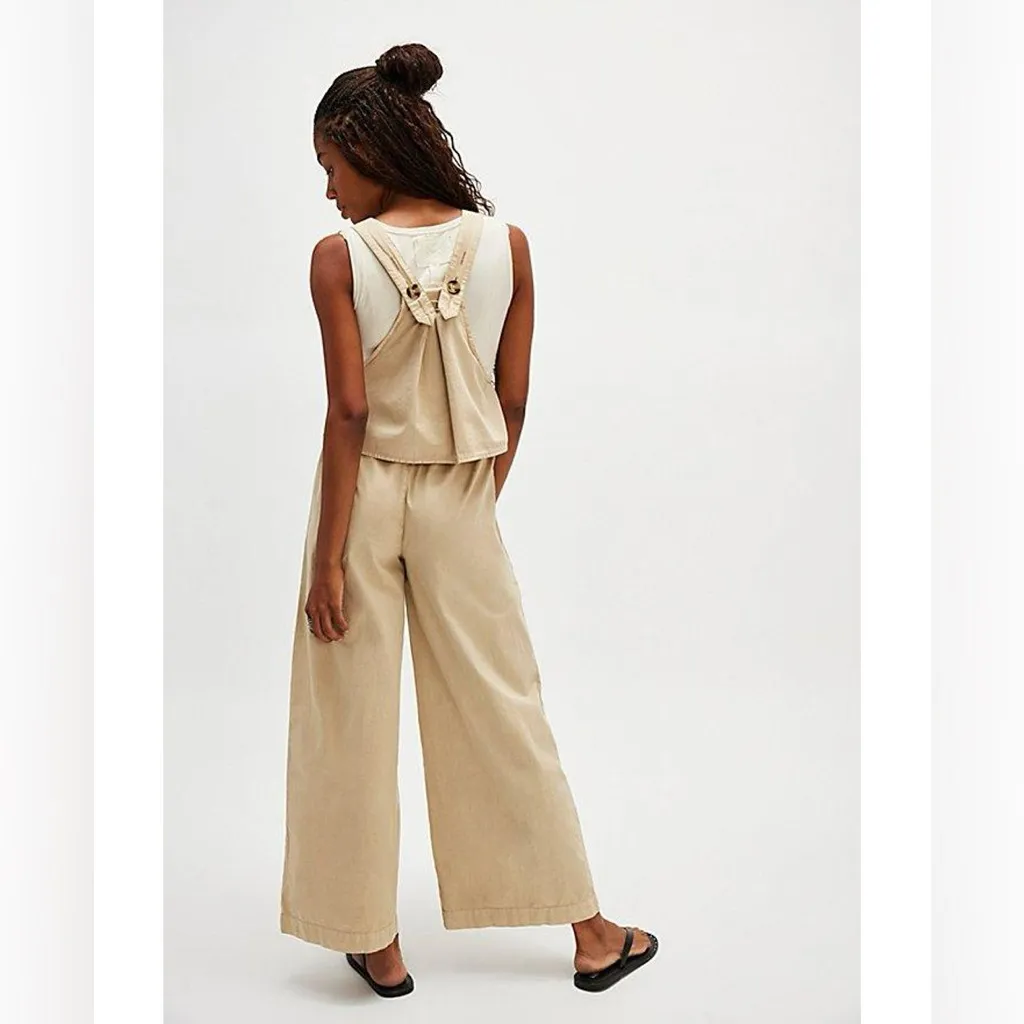 Free People‎ Wide Leg Overalls Tan Khaki Size Medium Spring Jumpsuit Neutral NEW - Image 4