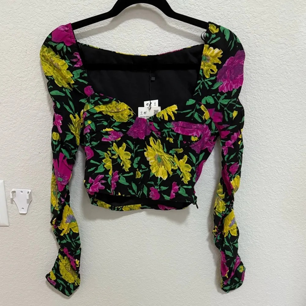 Zara Black Pink Green Floral Print Crop Top Small Sweetheart Neck Long Sleeve - Image 5