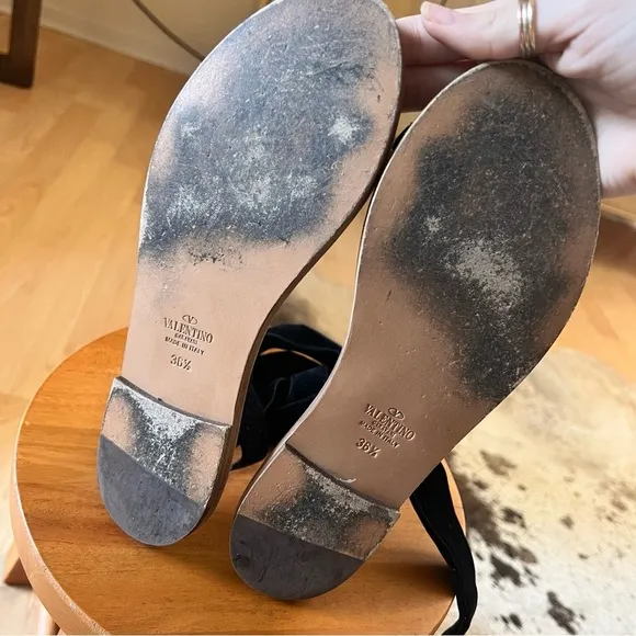 VALENTINO GARAVANI Black Lace Up Leather Trimmed‎ Velvet Sandals Size 36.5 - Image 6