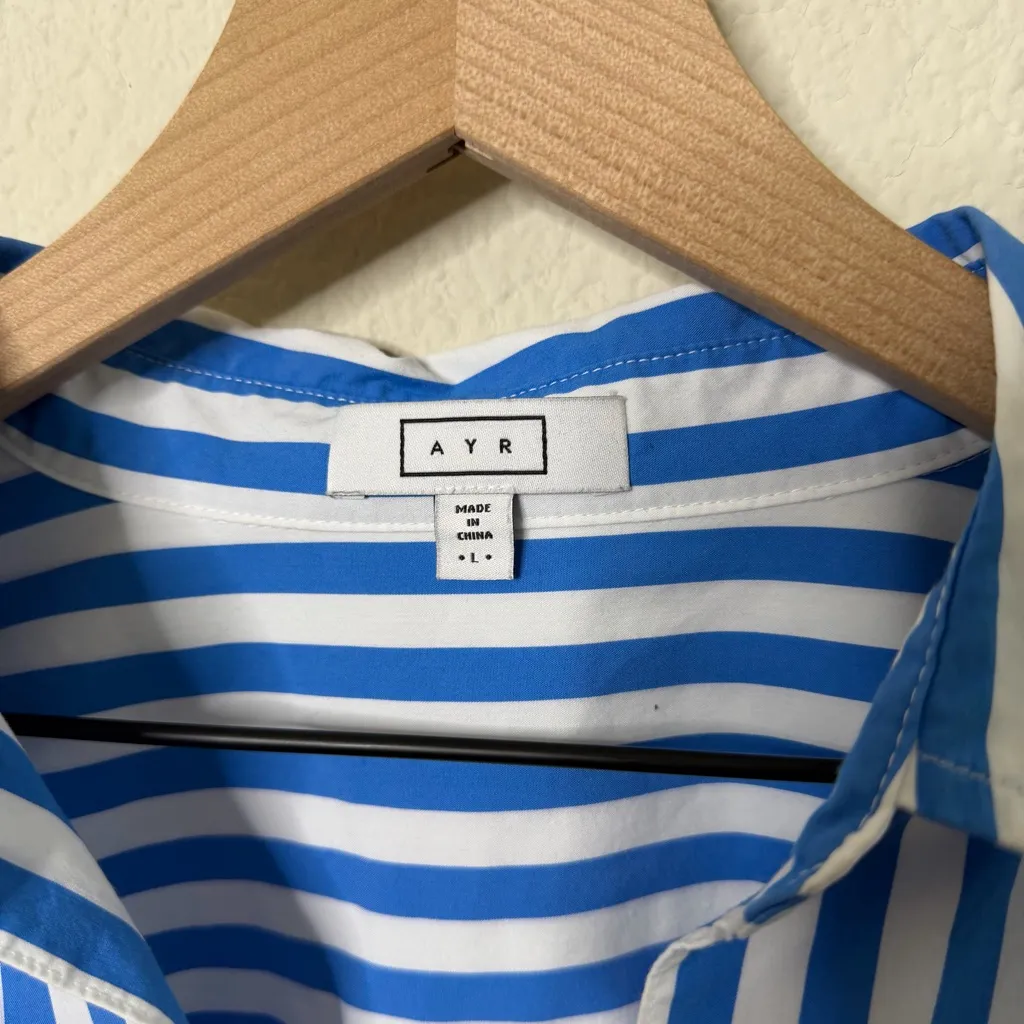 AYR Capeside Striped Puff Sleeve Popover Blouse Athens Blue Cotton Poplin Size L - Image 7