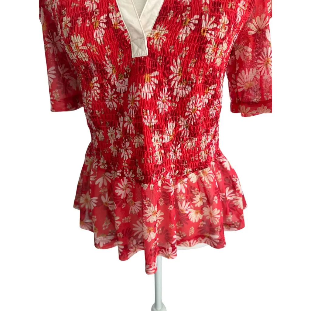 Maeve  Red Floral Collared Smocked Blouse Size Medium - Image 5