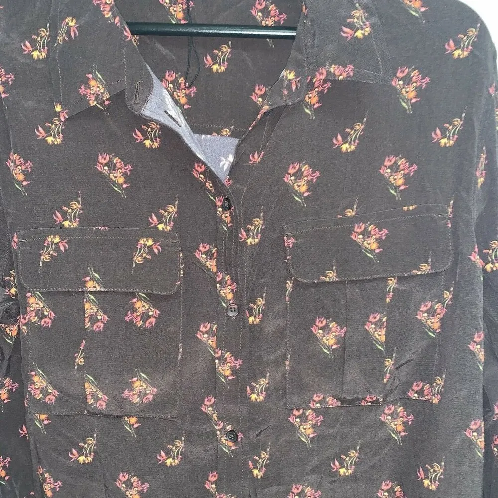 Something Navy Womens Brown Ganache Bohemian Button Down Shirt Floral Top S - Image 5