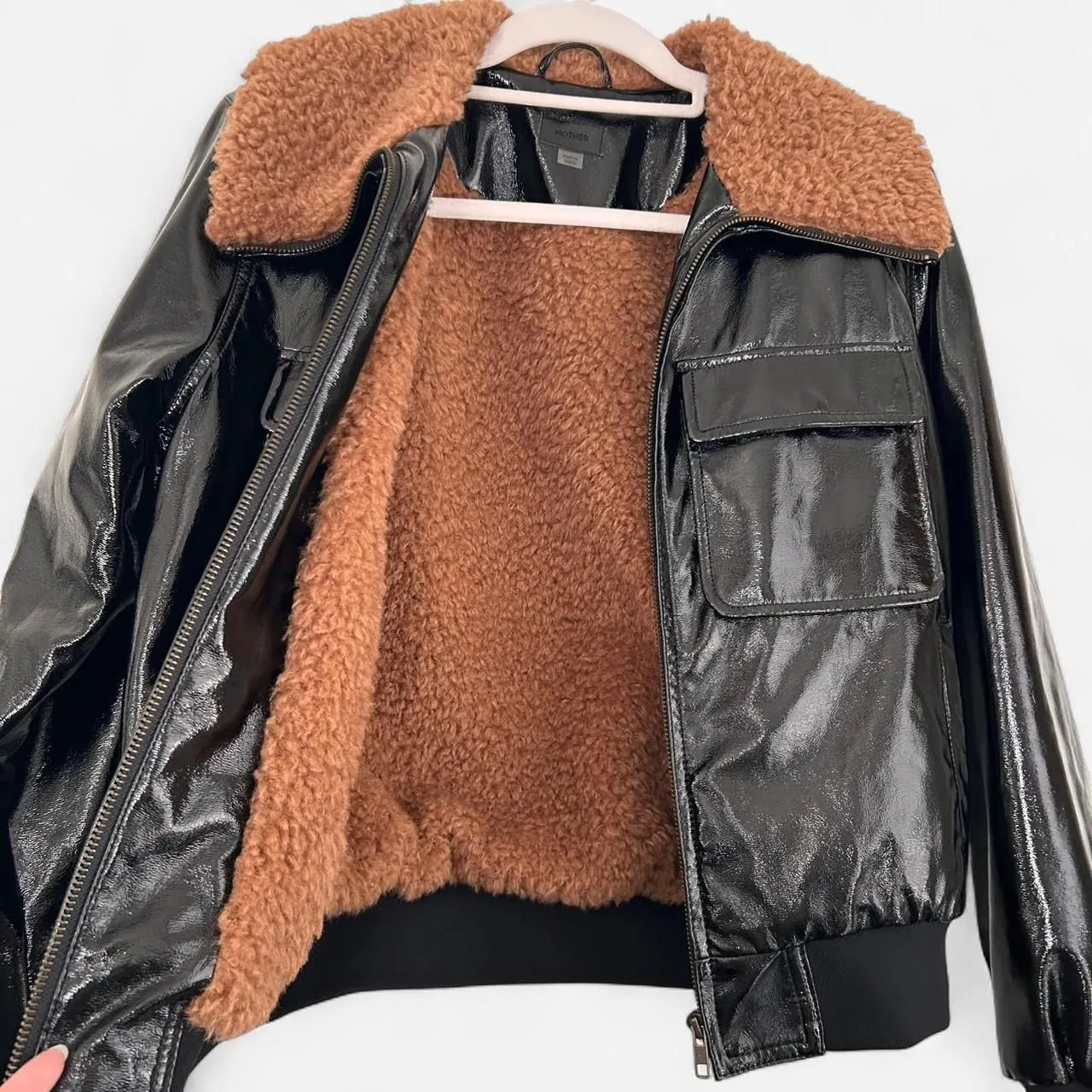 MOTHER “The Pilot” Don’t Crash Patent Faux Leather Bomber Jacket – Size Small Black - Image 5