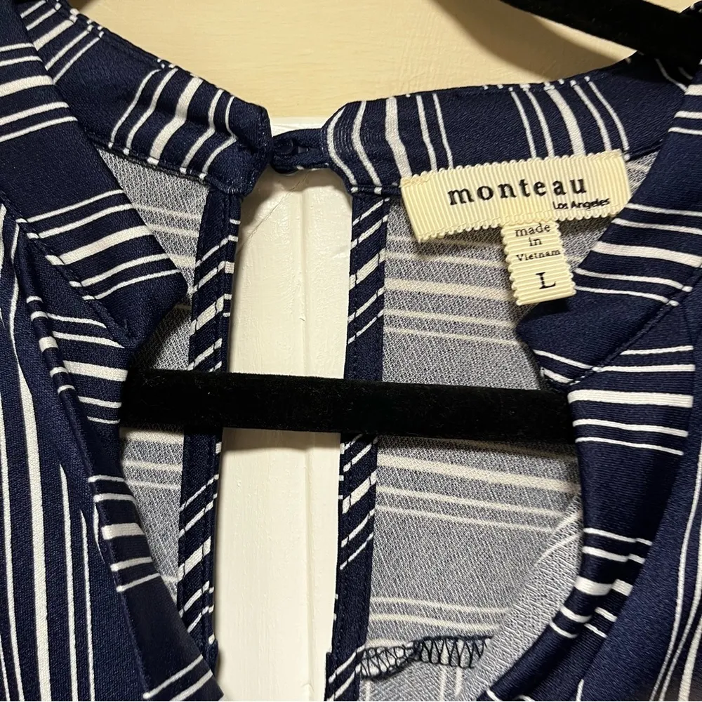Monteau Tie- Waist Jumpsuit Navy Blue and White Stripes. Size Large - Image 3