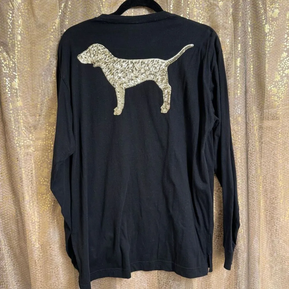 PINK Victorias Secret Black Silver Dog Sequin Bling Campus Top Large - Image 2