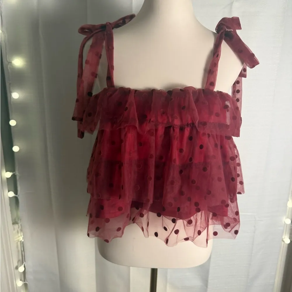 Red Ruffled Tie Front Tank Top Medium - Image 8