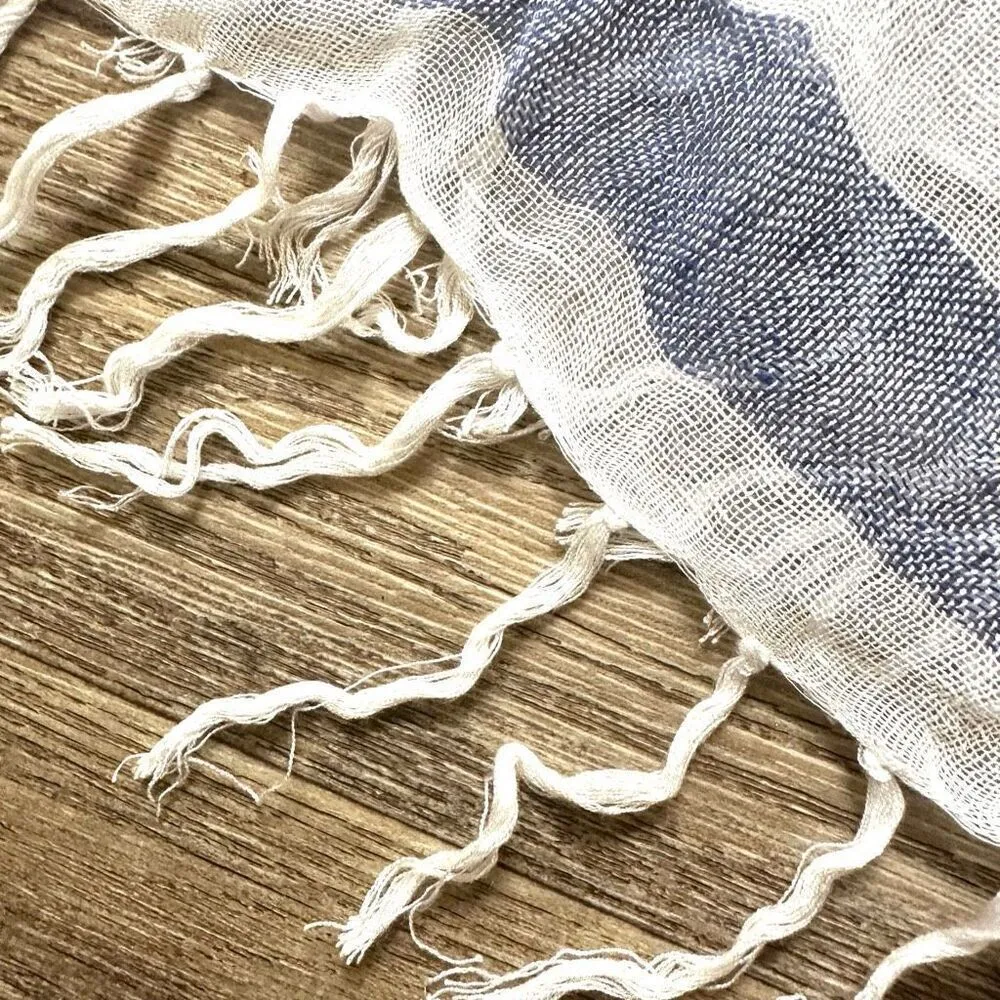 Caslon blue and white long striped linen blend fringed scarf NWT - Image 11