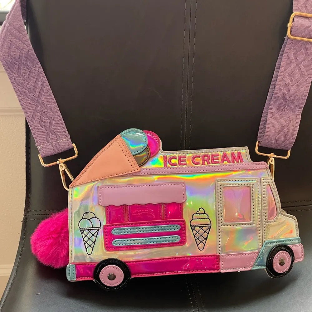 Ice Cream Truck Novelty Purse with Purple embroidered Crossbody Strap Pink - Image 5