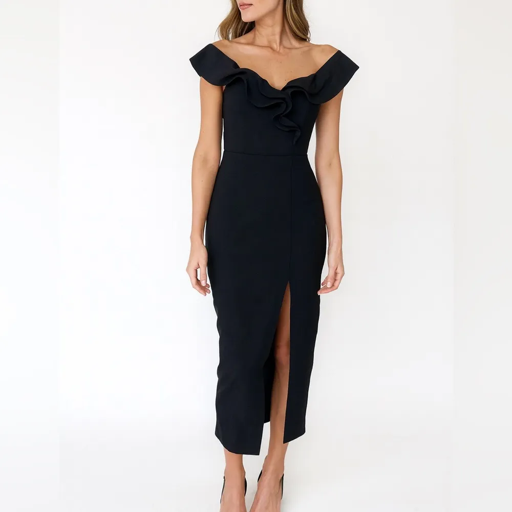 Shoshanna Virginia Asymmetrical Ruffle Neckline Sheath Maxi Dress in Black - Image 9