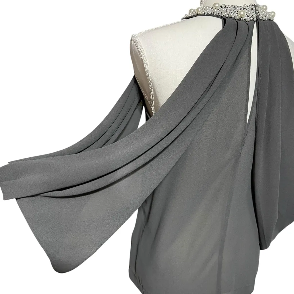 Blaque Label Faux Pearl Embellished Sheer Cape Gray Women’s Blouse Size Small - Image 6