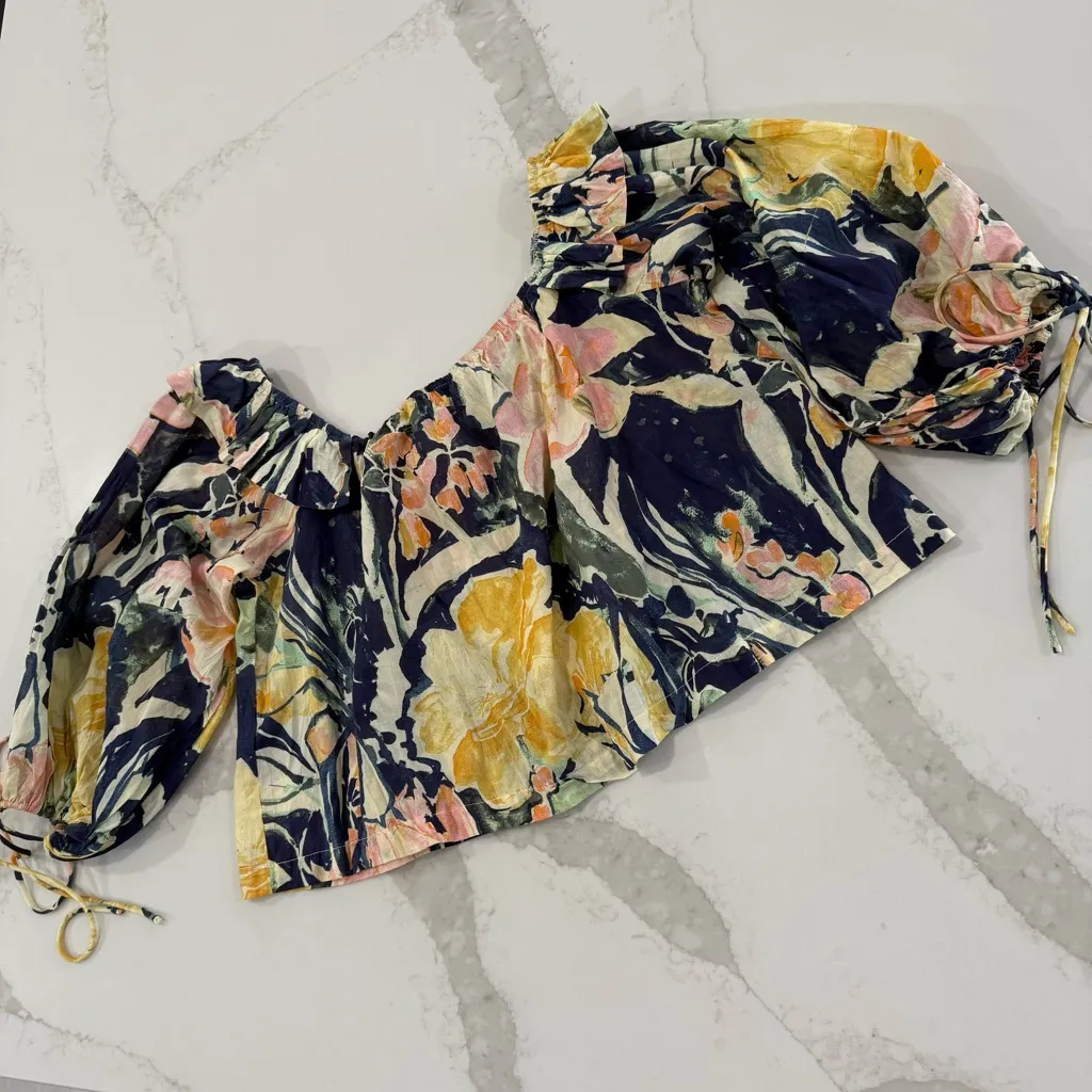 Free People Floral Puff Sleeve Off Shoulder Crop Top Women’s Small Blue/Yellow - Image 2