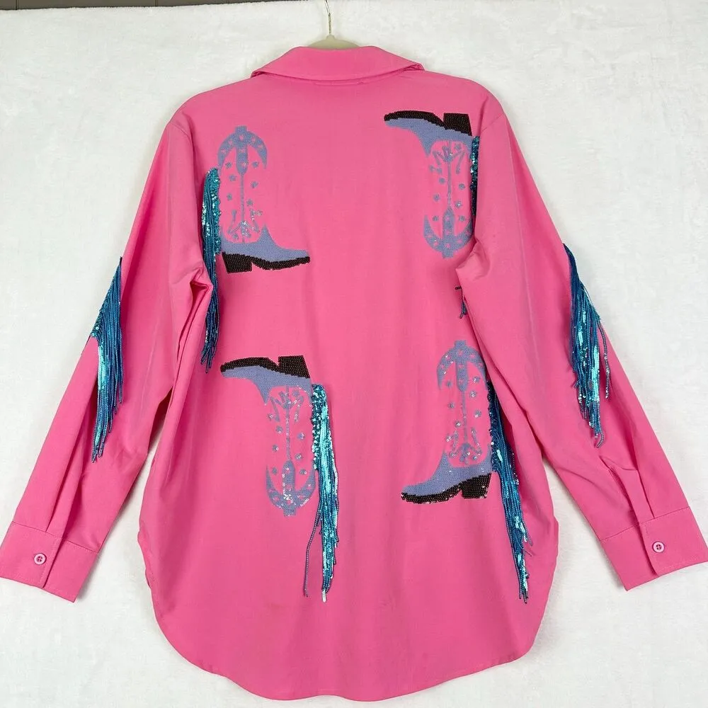 Blue B Western Cowboy Fringe Boots Shirt Size Large Rodeo Festival Sequin Pink - Image 3