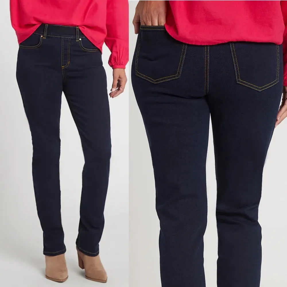 Betabrand Mission High-Rise Denim Straight Leg Pull On Jeans: Contrast Dark Blue - Image 3