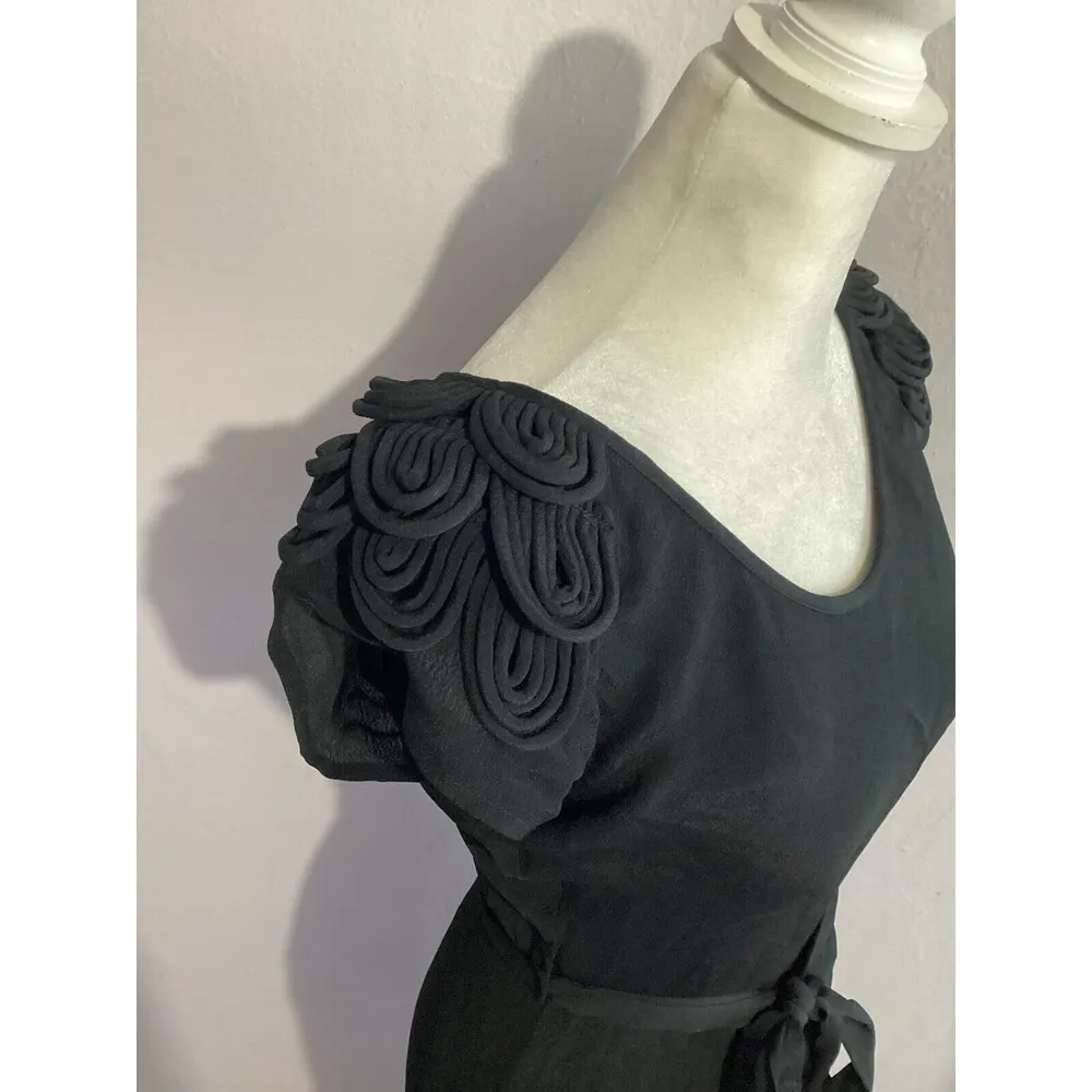 Yohana Baraschi Black Textured Sleeve Waterfall Belted Hi Low Cocktail Dress M - Image 3