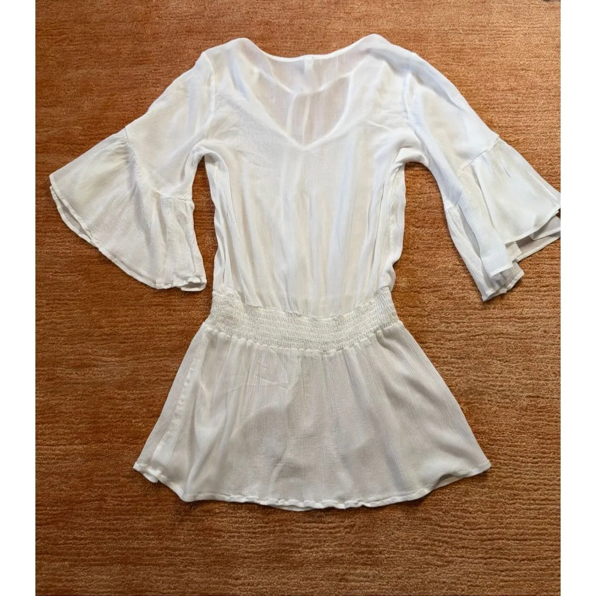 Maaji White Sheer Tie Neck Peplum Blouse Bell Sleeves Size S - Image 8
