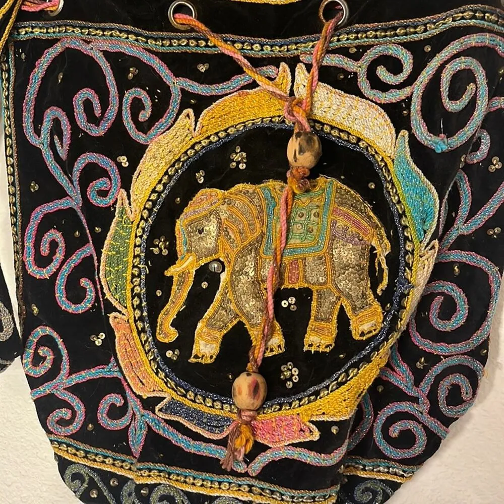 Vintage Beaded Elephant Purse Boho Hippy 70s Handbag Velvet Multicolor Artsy 80s - Image 2