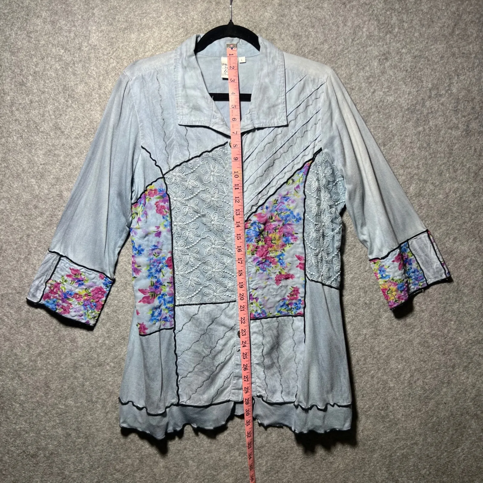 Parsley & Sage Top Artsy Boho Lagenlook Patchwork Tunic Shirt Jacket Gray Size L Blue Size L - Image 3