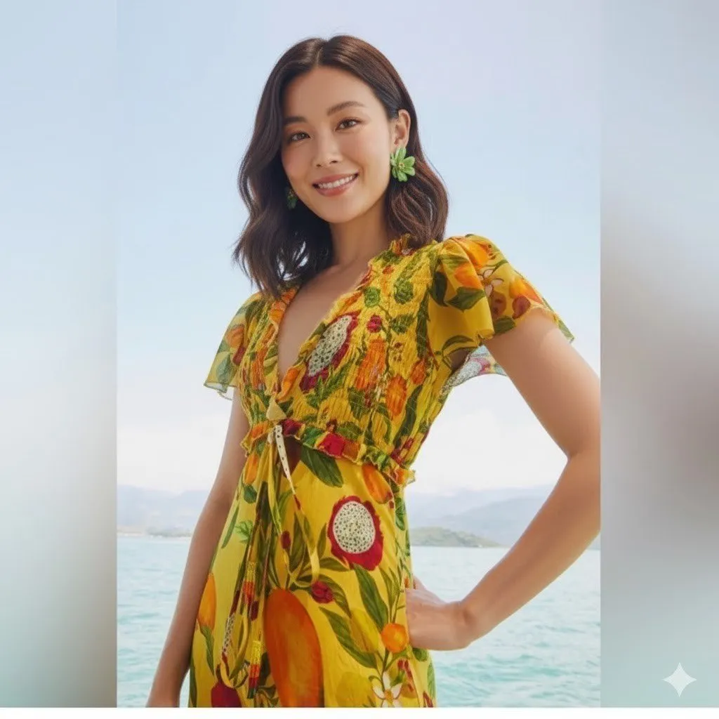 NWT FARM Rio Fruit Lovers Maxi in Yellow Tropical Print Smocked Dress L - Image 2