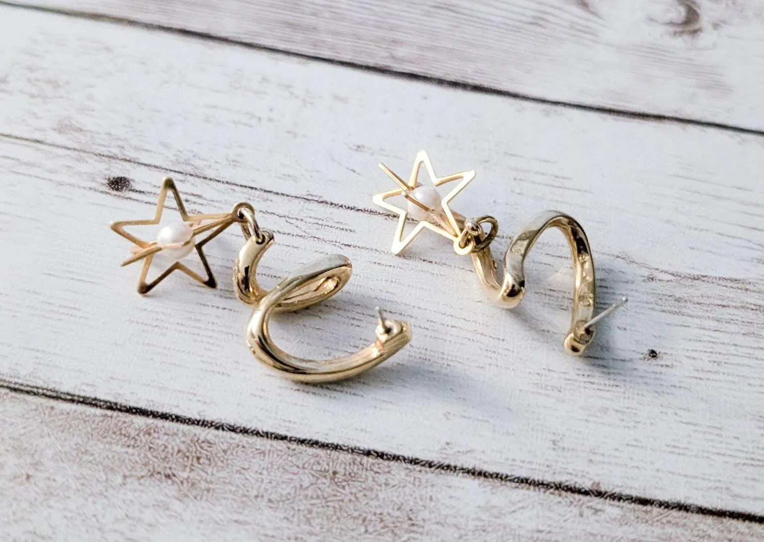 Vintage Earrings for Pierced Ears Twist Dangle with 3D Star & Faux Pearl Gold - Image 3