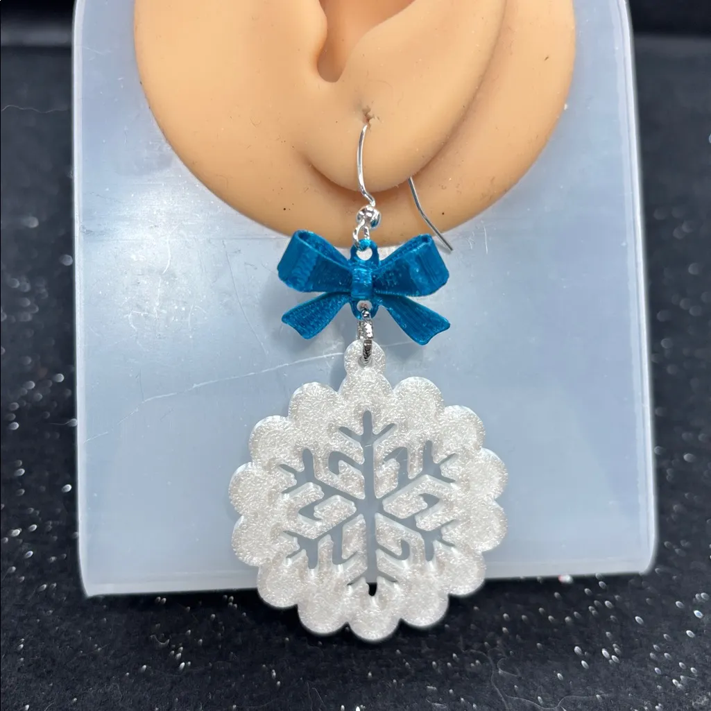 ❄️ Snowflake Dangle Earrings with Blue Bow & Silver Accents 💙✨ - Image 2