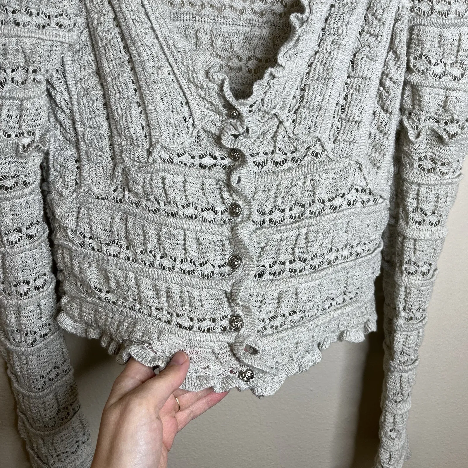 Free People Wild Roses Cardigan Taupe Grey M Boho Cottagecore Festival Whimsical - Image 9