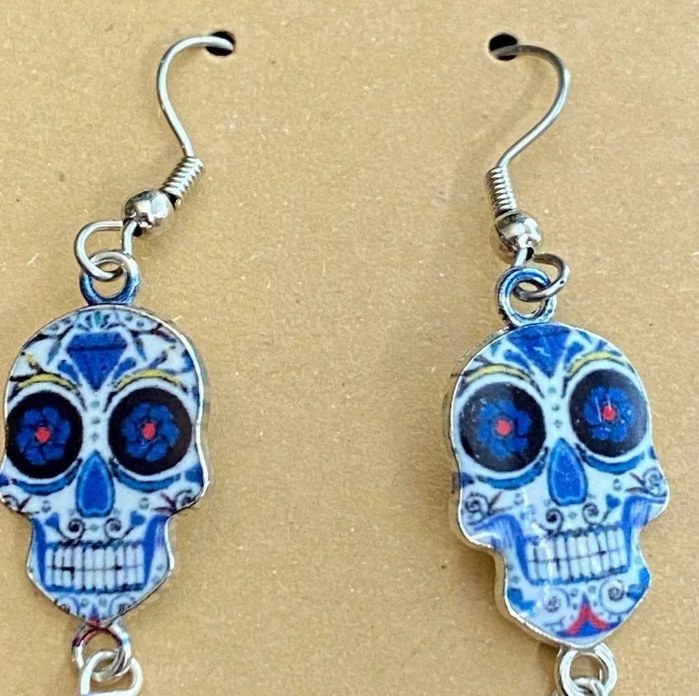 Sugar Skull Blue Flower Eyes & Pink Pinche Beads Beaded Dangle Earrings - Image 2