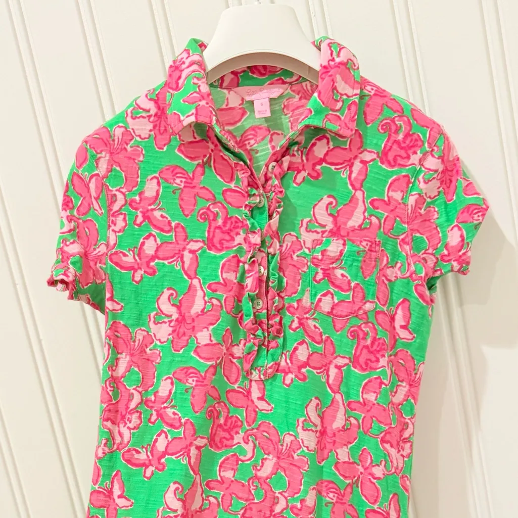 LILLY PULITZER Pink & Green Floral Print Short Sleeve Polo Tshirt Dress Size S - Image 4